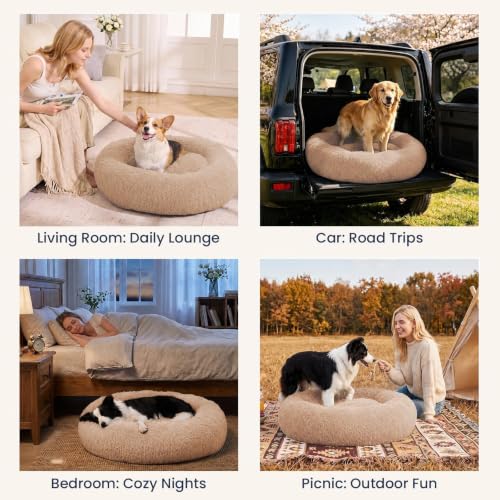 Image of JOLLYVOGUE Calming Washable Dog Beds Large Sized Dog, 36inch Donut Large Dog Bed with Removable Cover, Anti-Slip Round Fluffy Faux Fur Bed, Fits up to 80 lbs Pets, Camel