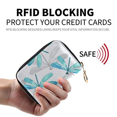MOYYO RFID Credit Card Holder Case Watercolor Blue Dragonfly Leather Printed Zipper Card Case Wallet for Women Girls2