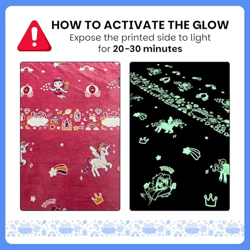 Image of Famyo GlowMaxx Glow Blanket for Kids - June the Unicorn | Glow in Dark Soft Flannel Double Bed Blanket 200x152 cm | Winter Blanket for Kids | Lab-Tested & Safe (Pink)