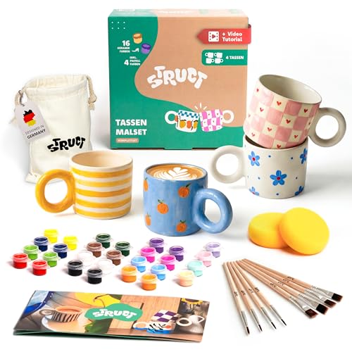 STRUCT Keramik Bemalen Set - mit 4x Tassen zum Bemalen für Erwachsene - (inkl. Tassen Farben Pinsel Gratis-Videokurs mit Malinspiration) - Tassenmalset - Kreativ Set für Erwachsene