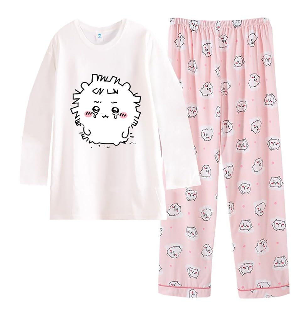 Chiikawa Cartoon Pijama Mujer Niña Largo Conjunto de Pijama Camisa de Manga Larga y Pantalón Largo 2 Piezas Ropa de Domir para Primavera Otoño - G - Rosa/2