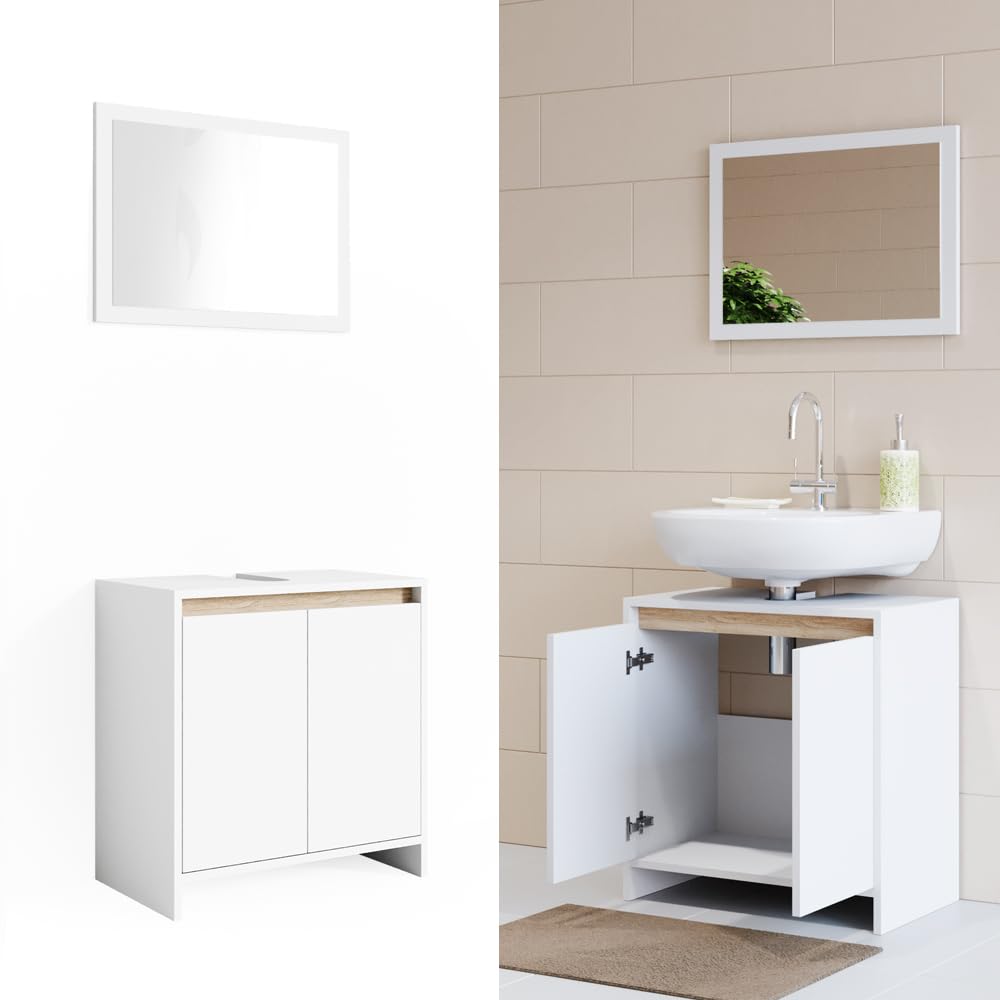 Vicco Set mobili bagno Emma, Bianco/Sonoma, 58 cm, composto da specchio da bagno e mobile sottolavabo