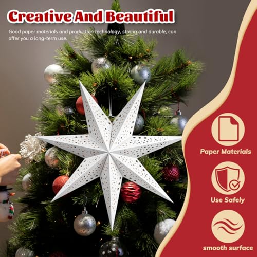 Image of Paper Star Lantern 3PCS Christmas Hanging Stars Garland Large Hollow Out Xmas Tree Topper Foldable Lamp Shade New Year Wedding Party Holiday Birthday Dercoration for Indoor and Outdoor 20in (White)