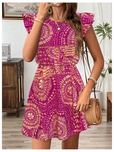 Image of SOLY HUX Women's Boho Print Tie Back Mini Dress Ruffle Cap Sleeve Crew Neck Vacation Dresses