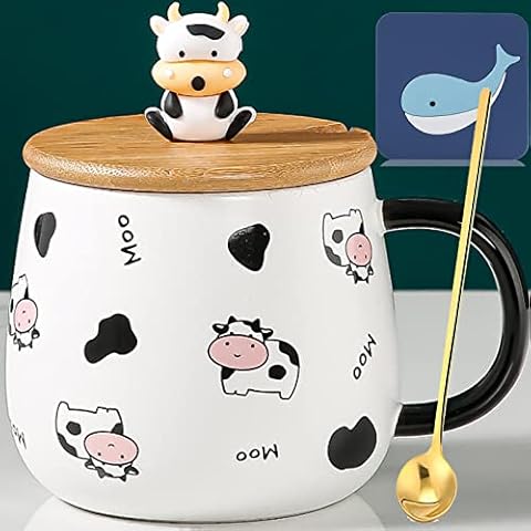 Arawat Kuh Tasse mit Deckel Lustige Kaffeetasse Kuh Geschenk 400 ml Keramik Teetasse mit Löffel & Untersetzer Weihnachten Cute Groß Tee Kaffee Becher Tassen Süße Geburtstagsgeschenk Cover