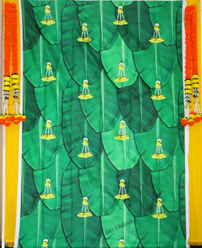 Image of Sri Yagnaa - Backdrop Cloth for Pooja Decoration Traditional - M 12 - Background Curtain Cloth for Festival Decoration (5x8 Ft) (Banana Leaf with Yellow Flowers Backdrop)