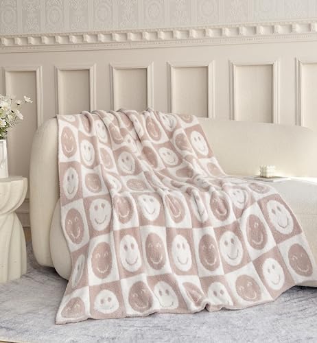 Image of Ultra Soft Cozy Happy Smiling Face Checkered Knitted Throw Blanket Fluffy Microfiber Checkerboard Bed Blanket Lightweight Both Sides Blanket for Couch Sofa Bed (Smile Cream, Throw 50 inchx60 inch)