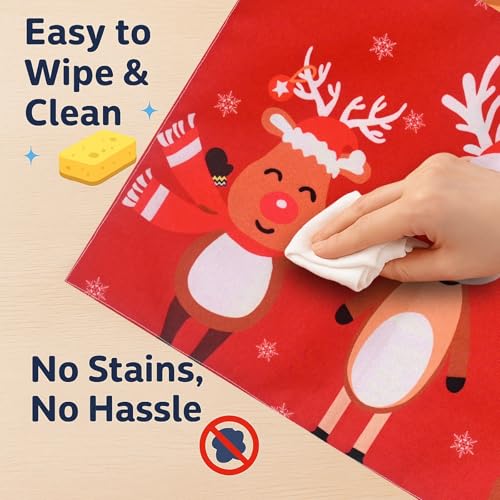 Image of Dining Table Mats Set of 2 - Reindeer Christmas Theme,Digital Print, Washable, Indoor /Outdoor, Heat-Proof, Water Resistant, Wipe & Clean (47X33 cm) Red