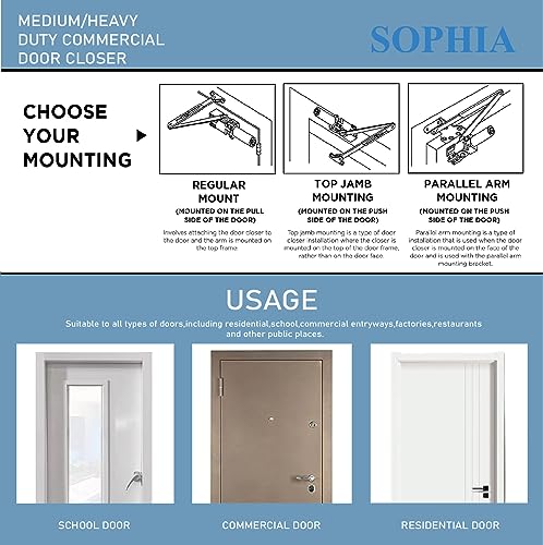 Image of SOPHIA Automatic Door Closer Heavy Duty, Commercial Grade 1, Adjustable Spring Size 1-6 for High Traffic, ADA Compliant & UL Listed, Door Hydraulic Closer, Backcheck & Delayed Action, Silver