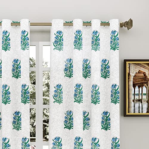 Image of BLOCKS OF INDIA Hand Block Printed Cotton Daylight Curtains with Eyelets(Set of 2 Curtains) (Flower 2, 5 FEET /Window)