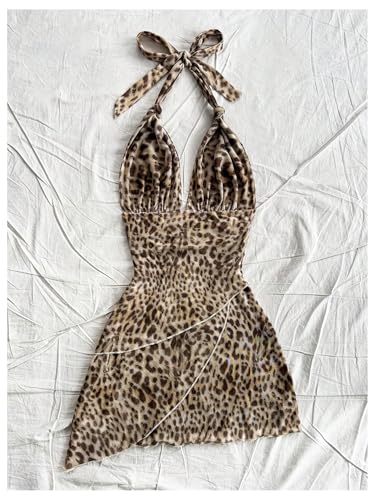 Image of SOLY HUX Women's Y2K Summer Beach Halter Mini Dress | Retro Floral Dress, V Neck, Backless, Club Nightout, Sexy Going Out Clothes, Birthday Dress