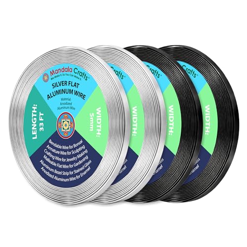 Image of Mandala Crafts 5mm Silver Tone & Black Flat Aluminum Wire for Sculpting | 132 FT, Anodized, Colored, Tarnish Resistant, Bendable, Flexible, for Jewelry Making, Bezel, Bonsai, Armature, Outdoor