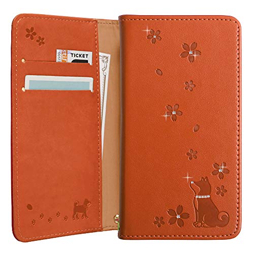 AQUOS sense2 SHV43 ケース 手帳型 犬 柴犬 キラキラ さくら 花 マグネットなし ベルトなし カバー (オレンジ) au エーユー