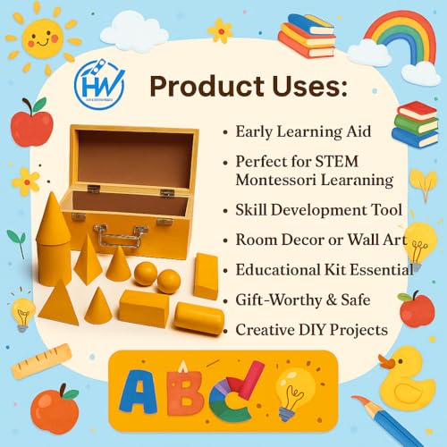 Image of Wooden Geometric Shapes Set for Students & Teachers | 12-Piece 3D Geometry Model Kit in Box | Educational Math & Physics Teaching Aids | Yellow Polished (Yellow, Small)