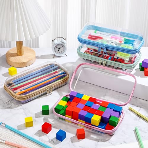 Image of Hoolerry 4 Pcs Hard Clear Zipper Case Makeup Bags Plastic Zipper Pouch Transparent Storage Box Containers for Cosmetics, Snacks, Building Blocks, Puzzles(Clear,7.5 x 3.9 x 2 in,Soft Colors)