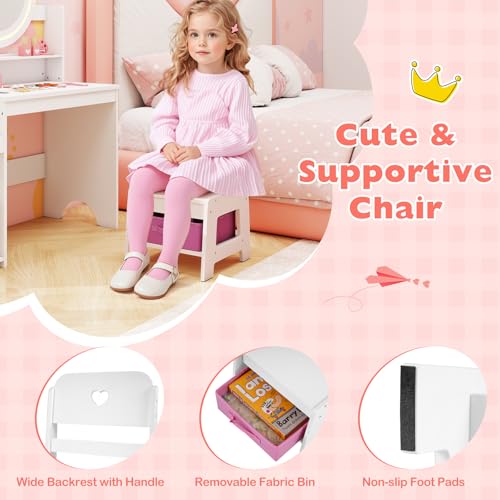 Image of HONEY JOY Kids Vanity with Lights, Wooden Princess Makeup Dressing Vanity Desk with Jewelry Storage, Open Shelves, 2 in 1 Toddler Vanity Table & Chair Set with Lighted Mirror for Little Girls(White)
