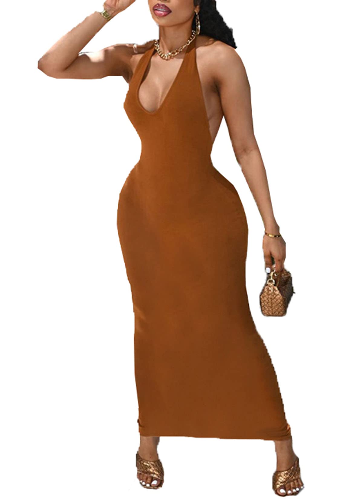 Forlisea Womens Sexy Bodycon Maxi Dress Halter Deep V Neck Sleeveless Backless Summer Beach Party Clubwear