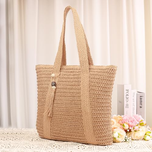 Bolso tote grande tejido de paja para mujer con sombrero miniatura 3