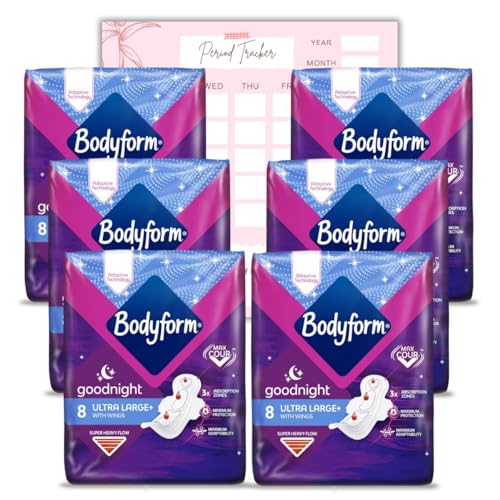 Body Form Ultra Goodnight - Toallas sanitarias con alas, 48 (8 x 6 paquetes) almohadillas de período para uso nocturno, flujo súper pesado, Cour-V Ultra Night (paquete de 6) (paquete de 6)