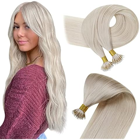 Easyouth Nano Extensions Human Hair Blonde Nano Ring Hair Extensions White Blonde Nano Hair Extensions Cold Fusion Hair 16 Inch 50g/50s Cover