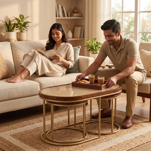 Image of TableTales Rattan Coffee Table Handcrafted Nesting Coffee Table Set | Oval Centre Table with 2 Round Side Tables | Solid Mango Wood & Natural Rattan Cane | Honey Finish (Gold)