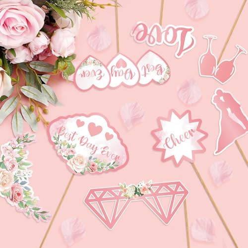Image of Wedding Photo Booth Props, Bachelorette Party Decorations, Engagement Party Decorations in Rose Gold, Pink with Glitter 18 pcs Pre-Assembled Funny Props