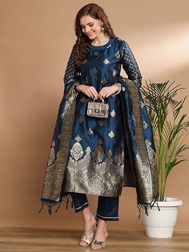 Image of VredeVogel Women's Cotton Silk Jacquard, Banarasi Silk Kurta Pant With Dupatta Set