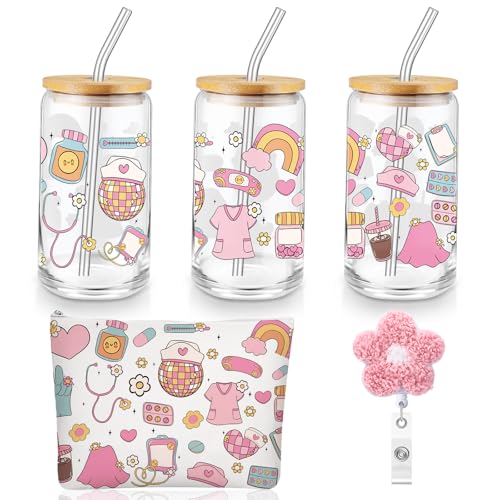 Dunzoom 3 Pcs Nurse CNA Week Appreciation Gifts Set Included Nurse Disco Retro Theme 16 oz Glass Cups with Lid Makeup Bag Badge Reel Gift for Registered Nursing Assistant Nursing Student Graduation