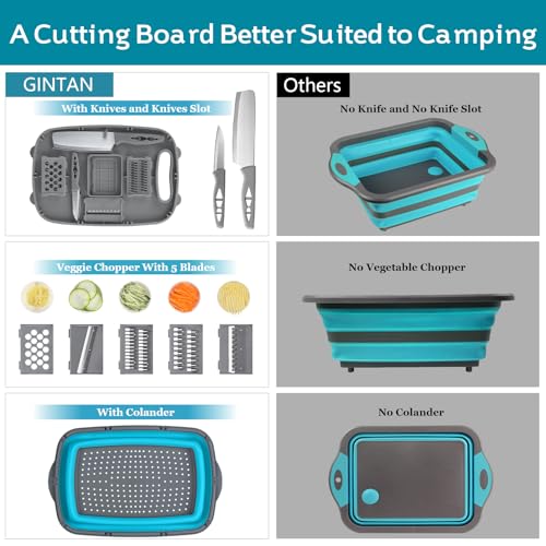 Image of Gintan Collapsible Camping Cutting Board, 9-in-1 Chopping Board with Colander, Kitchen Vegetable Washing Basket for Camping, Camping Gifts Camping Accessories for RV Campers (Blue+Grey)