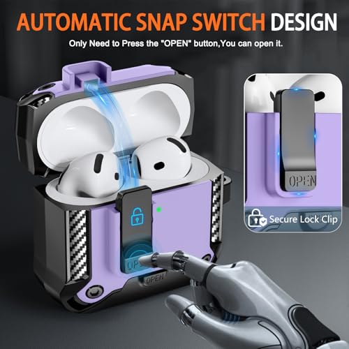 Image of Compatible with AirPods 4 Case with Phone Stand,Automatic Snap Switch Lock,Carbon Fiber Texture Design Cover with Cleaner Kit (Purple,for AirPods 4)