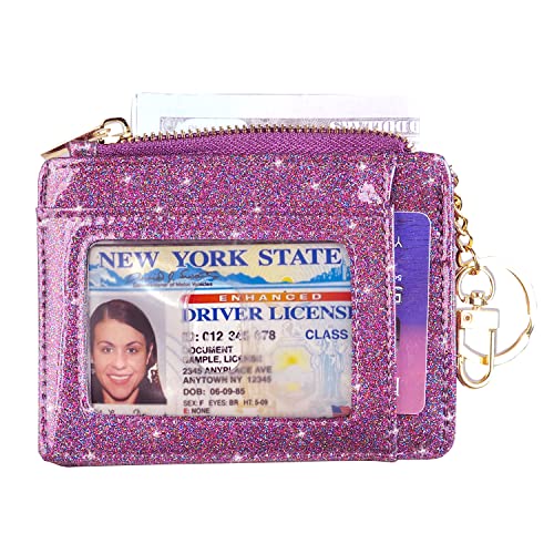 Image of woogwin Slim RFID Credit Card Holder for Women Mini Front Pocket Wallet Purse With Keychain, Glitter Purple, small, Compact