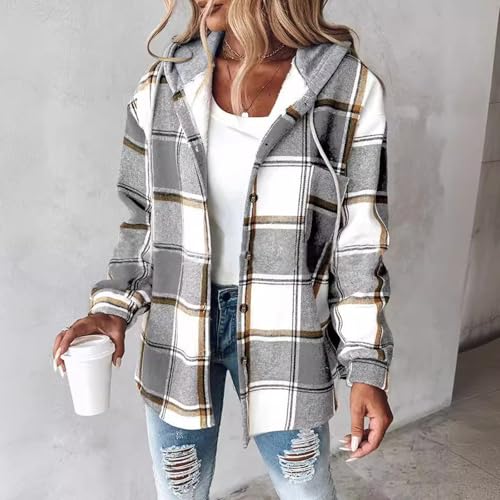 Jackets for Women with Hood Casual Loose Button Down Buffalo Plaid Flannel Shirts Fall Winter Fashion Shacket Coats2
