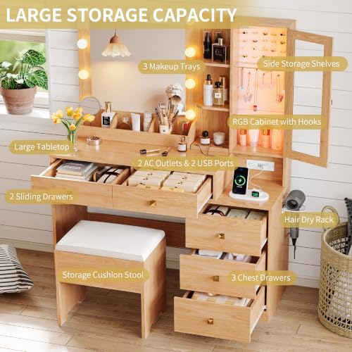 Image of Vanity Desk with Mirror and Lights, Makeup Vanity Table Set with 5 Storage Drawers, Power Outlet & Chair, Small Dressing Table with RGB Ambient Light, Adjustable Brightness for Girls Bedroom, Oak