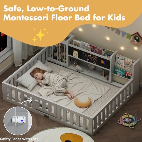 Montessori Wood Toddler Floor Bed with Blackboard & Bookshelf (White Full) - image 3