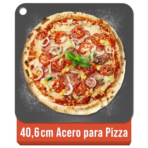 Chef Pomodoro Piedra Pizza Horno 40,6 x 40,6 cm (6,35 mm), Placa Acero Horno Pizza, Placa Acero Pizza, Plancha, Pedra Para pan y pizza, Tabla de Piedra en acero con orificios para levantar