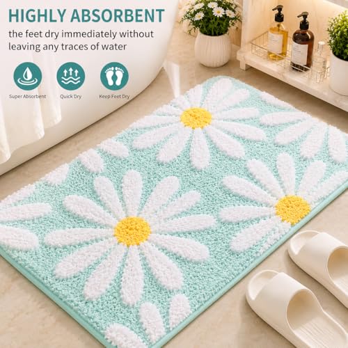 Image of Cotton Floral Door Mat | Water Absorbent, Anti-Skid, Machine Washable Floor Mat | Soft Microfiber Carpet for Home, Living Room & Bedroom | Premium Decorative Mat (Sea Green, Rectangular)