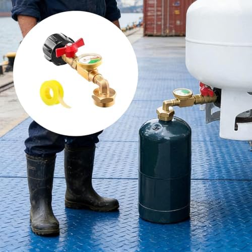 Universal Propane Tank Gauge Level Indicator, Brass Propane Refill Adapter with Control Valve & Pressure Meter for RV Camper, BBQ Gas Grill, Cylinder, Heater, Gold Finish - 5