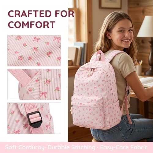 BTOOP School Backpack for Girls Teens Large Corduroy Bookbag Lightweight Casual High School College Backpacks 17 inch Laptop Travel Bag (Pink Bow Floral-1) - Image 5