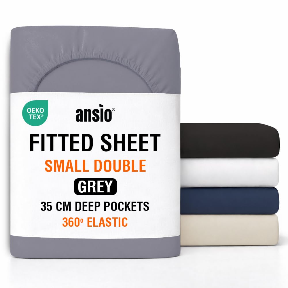 ANSIO® Small Double Fitted Sheet Soft Brushed Microfibre Fabric – Extra Deep Pocket 35cm – All-Around Elastic – OEKO-TEX Certified – Easy Care & Naturally Smooth After Wash - Grey — image 1