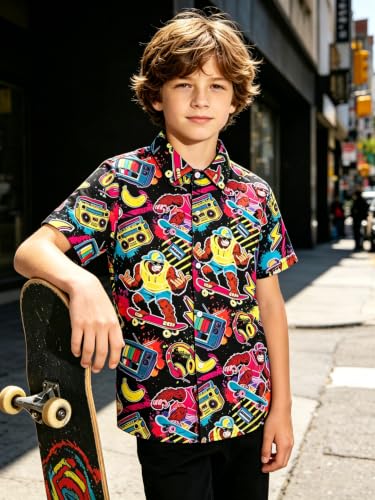 Image of uideazone Boys Hawaiian Shirts Novelty Printed Funky Short Sleeve Button Down Shirt Kids Aloha Luau Shirt 7-14T