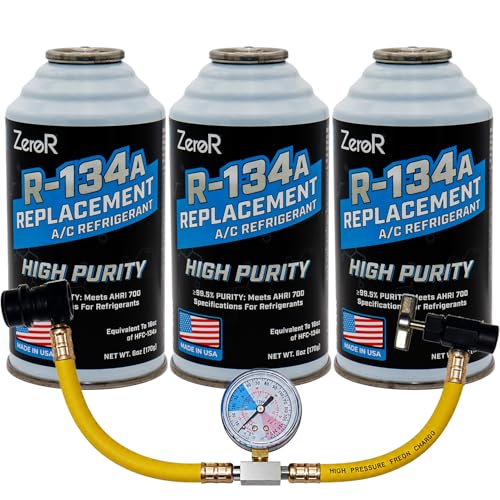 ZeroR High-Purity AC Recharge Kit R134a Replacement Eco-Friendly Refrigerant Gas with 14-Inch Charging Hose Tool for SSV Cans 3-Pack