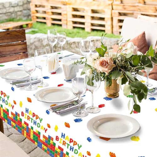 Image of LINHAXM 3 Pack Building Block Party Tablecloth Building Block Disposable Plastic Table Cover for Blocks Birthday Party Supplies, 54 x 108 Inch