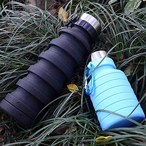 Image of we3 Collapsible Water Bottle, 550ml Reusable Silicone Light Water Bottles for Travel Outdoor Portable Leakproof Drinking Bottles with Carabiner (Black, Pack of 2)