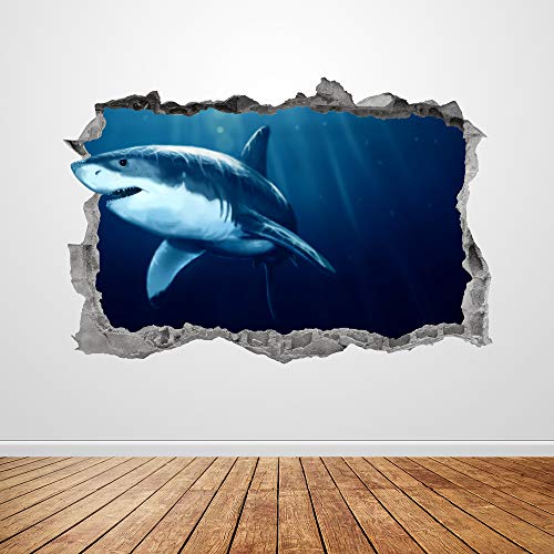 Shark Wall Decal Art Smashed 3D Graphic Great White Shark Wall Sticker Mural Poster Kids Room Decor Gift Up322 (24"W X 16"H Inches) #TOP19