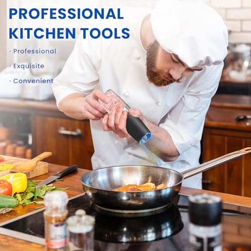 Gravity Electrical Salt and Pepper Grinder set of two, Automated Salt And Pepper Grinder Set, Adjustable Roughness, Battery Powered, LED Mild, 2 Pack, (Black) - Image 3