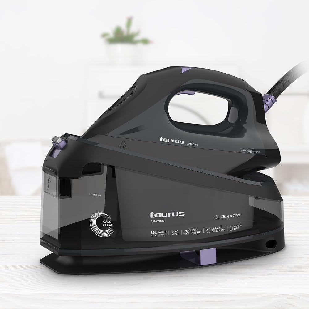 Taurus Amazing – Centro de planchado SSD3002 | 3000W | Depósito 1,5L | Suela cerámica | Golpe Vapor 130g/min | Pantalla digital | Antigoteo | Antical | Autolimpieza | Auto apagado