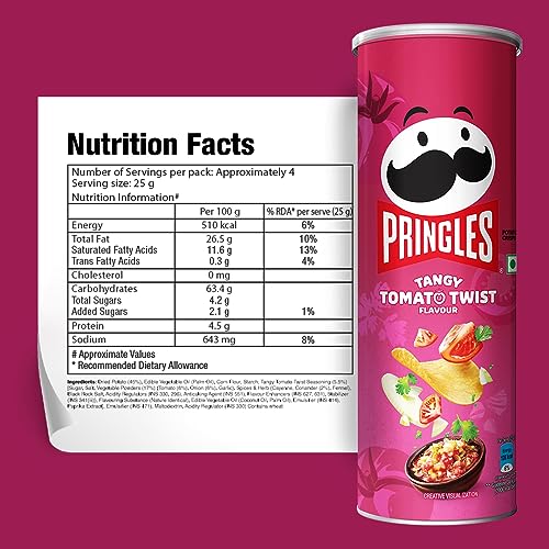 Image of Pringles Tangy Tomato Twist 102 Gram | Potato Chips | Tangy Tomato With A Twist Of Sweet & Spicy Salsa Flavour | Crispy Snack | Crunchy Snack Food For Movies, Games & More | On-The-Go Can - Tomato