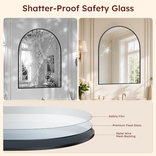 Image of 20 inchx30 inch Arched Black Bathroom Mirror - Metal Framed with HD Shatter-Proof Glass, Wall-Mounted for Over Sink, Entryway, Living Room, Bedroom