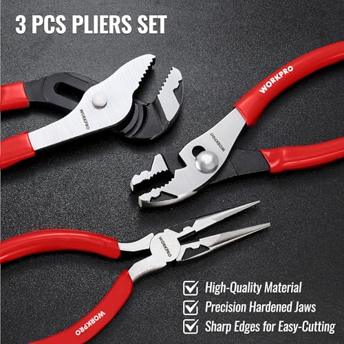 Image of WORKPRO Pliers Set, 3-Piece Plier Tool Set with Soft Handle, 6 inch Needle Nose, 6 inch Slip Joint, 8 inch Groove Joint Plier for DIY & Home Use