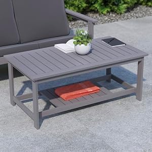 Two Tiered Commercial Grade Adirondack Coffee Table Gray Finish Poly Resin Wood All Weather Slatted Shelf Design